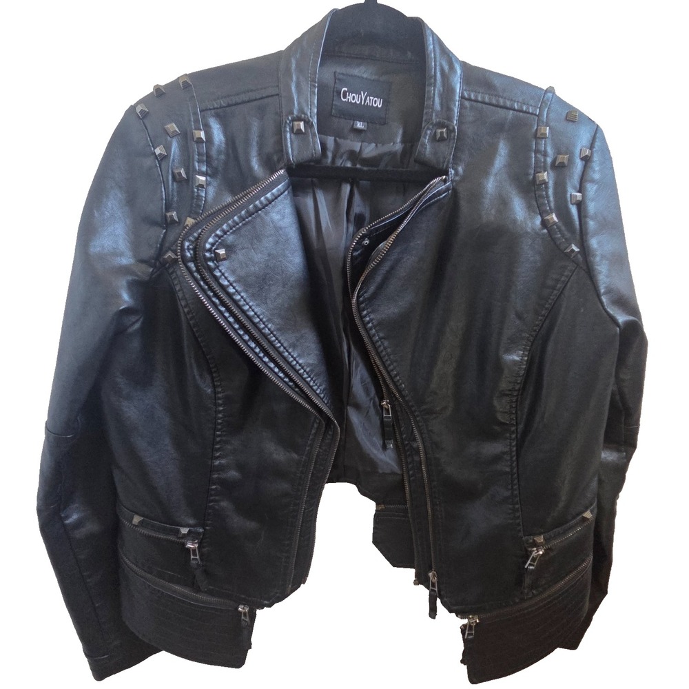 Black Faux Leather Moto Jacket Womens XL Studded ChouYatou Biker Punk Goth